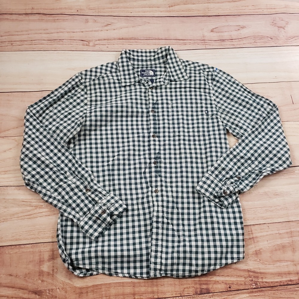 North Face Mens Large Green White Outdoors Button Up Casual Hiking Cotton Adult